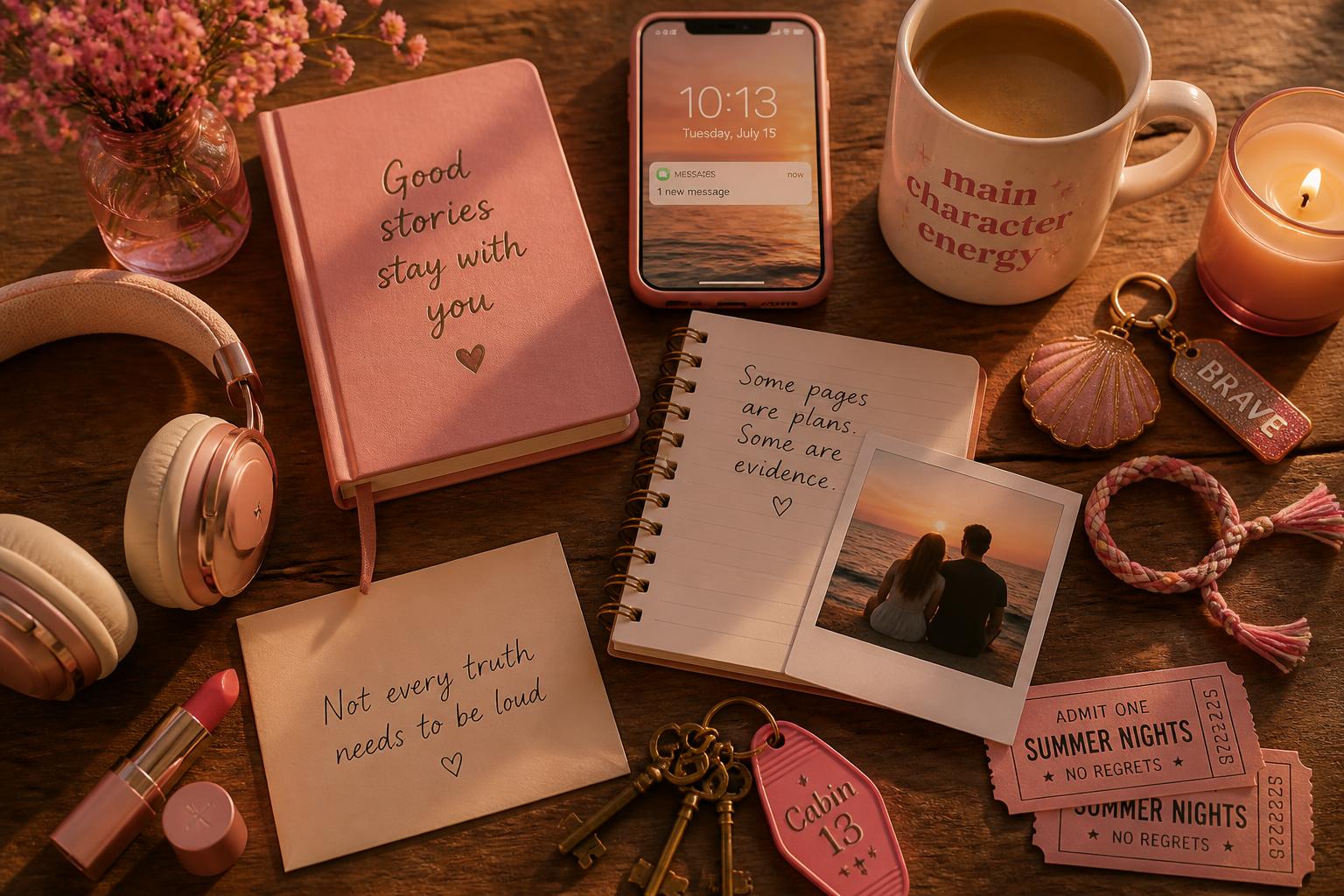 Objects from the Addie Sloan universe arranged on a table at sunset