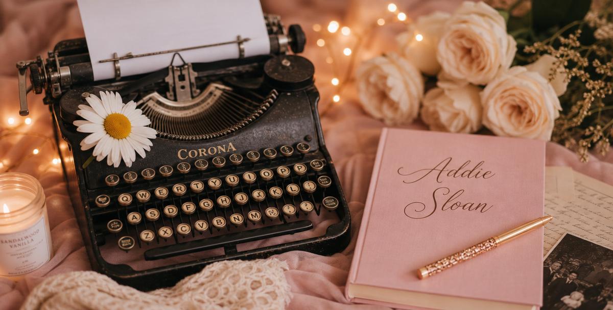 Vintage typewriter with a daisy and an Addie Sloan notebook on a pink background